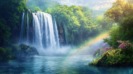 A breathtaking view of a cascading waterfall surrounded by lush greenery and rainbow mist.