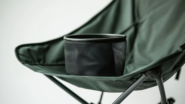 Folding camping chair with a mesh cup holder, compact and lightweight, isolated on white background