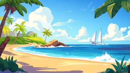 Fototapeta premium Summer Sunset Beach Vacation: Illustration of Water, Sand, and Clouds Over the Ocean