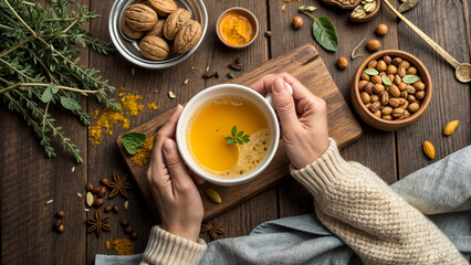 tea, herbal tea with turmeric, mint, and nuts