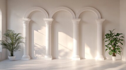 Fototapeta premium Stunning 3D Illustration of Modern Columns in Palace Corridor with Antique Doorway and Shadows in Adobe Stock.