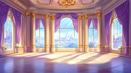 Fototapeta premium Royal Castle Ballroom with Windows, Curtains, Columns, and Gold Chandeliers - Modern Cartoon Illustration Palace Setting