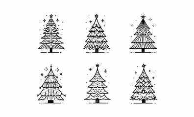 Set of Christmas trees, black and white illustration