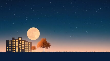 Serenity Under the Moonlight: A Tranquil Night Scene Featuring a City Skyline, Starry Sky, Full Moon, and Silhouetted Trees in a Calm Atmosphere