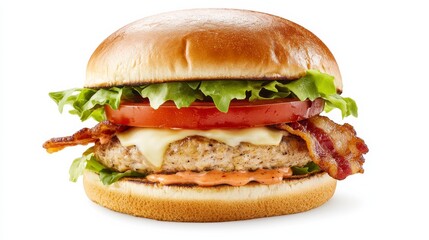 A gourmet turkey burger with a seasoned turkey patty, melted pepper jack cheese, crispy bacon