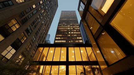 Fototapeta premium Dramatic Perspective of Tall Urban Buildings at Dusk with Warm Light Reflecting from Glass Facades Against a Clear Sky in a City Setting