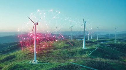 A landscape of a wind farm with digital connections, symbolizing green energy and sustainability, with a futuristic tech grid in the foreground.
