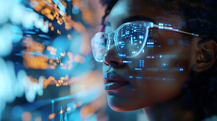 World, tablet and overlay with a business black woman using an ai or ux interface to access the metaverse of data. Digital, future and information with a global network working