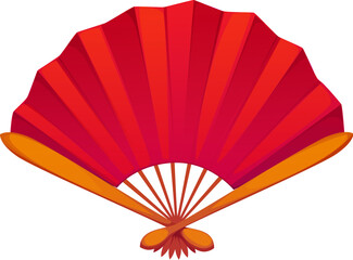 Traditional Chinese red hand fan with pleated folds and an elegant, ornamental handle. Isolated cartoon vector lunar New Year holiday cultural item for Cny celebration, elegance, art and fashion
