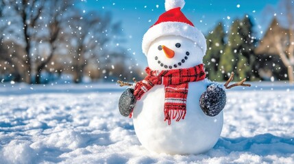 Obraz premium Big smiling snowman with bucket hat, scarf and gloves on white snowy field winter landscape, blurred black trees and blue sky copy space background. . Merry Christmas and happy new year greeting card
