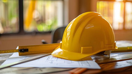Yellow hard safety helmet hat and the blueprint, pen, ruler, protractor, and tape measure on the table at the construction site.for safety project of workman as engineer or worker