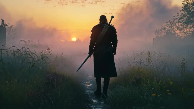 Warrior's Sunrise Journey: A lone knight walks towards a misty sunrise, carrying his sword, embarking on a quest.