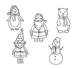 New Year's heroes, linear graphics. A Christmas drawing of Santa Claus, a polar bear, a dwarf, a snowman and a penguin. Black and white illustration.
