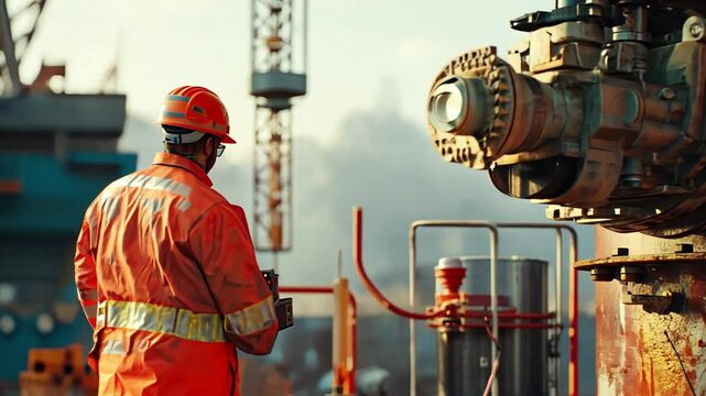 Oil Rig Worker: A lone worker in vibrant orange safety gear stands against the backdrop of an industrial oil rig, machinery, and a large vessel. The setting sun casts a warm glow.
