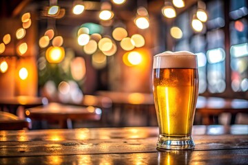 A glass of beer on the table on the pub bar bokeh background