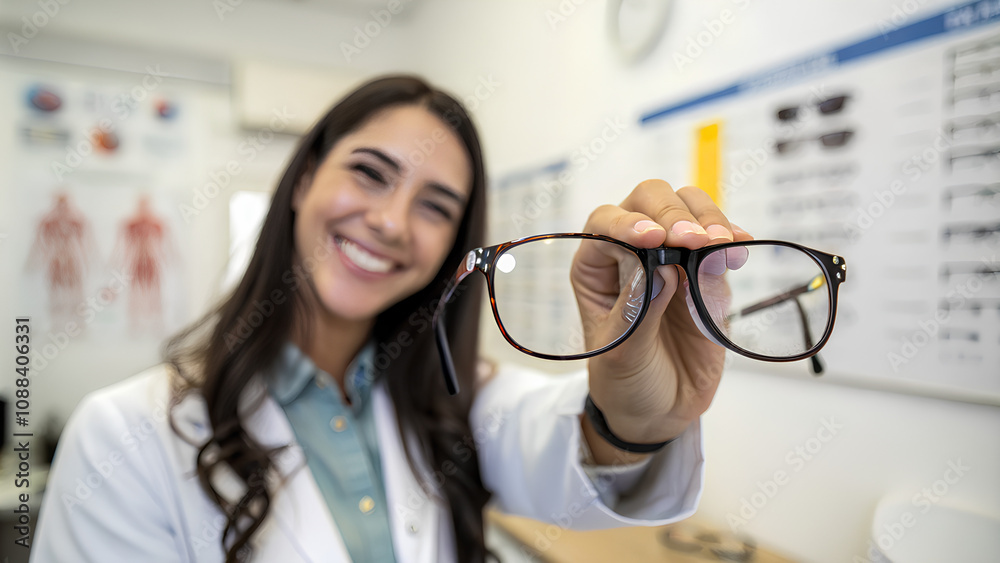 Wall mural Close up -  demonstrating optical glasses during work process Blurred young eye doctor