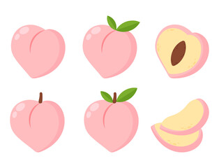 Set of peach fruit whole and cut clipart cartoon flat illustration 