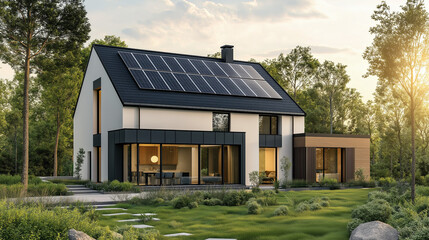 Modern house with solar panels and green lawn
