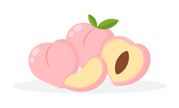 pink peaches with green leaves, cut fruit clip art preview