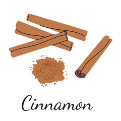 Cinnamon vector illustration in flat cartoon style. Cinnamon sticks, ground powder, and bark. Perfect for spices, food, and culinary themes. Aromatic, decorative, and modern design