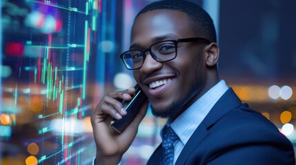 business, technology and communication concept - smiling businessman calling on phone at office with charts over city background and double exposure effect
