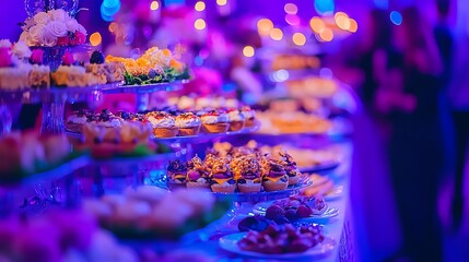 A vibrant dessert table with colorful pastries and twinkling lights.