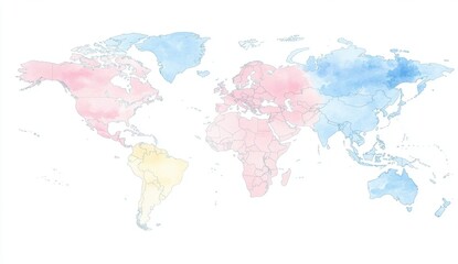 Abstract Watercolor World Map in Soft Pastel Colors Featuring Various Shades Representing Different Regions and Continents for Artistic and Educational Use