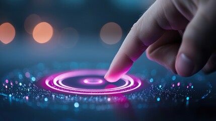 Touching a Holographic Interface A finger activating a holographic control panel in a spaceship cockpit, with futuristic displays and indicators.