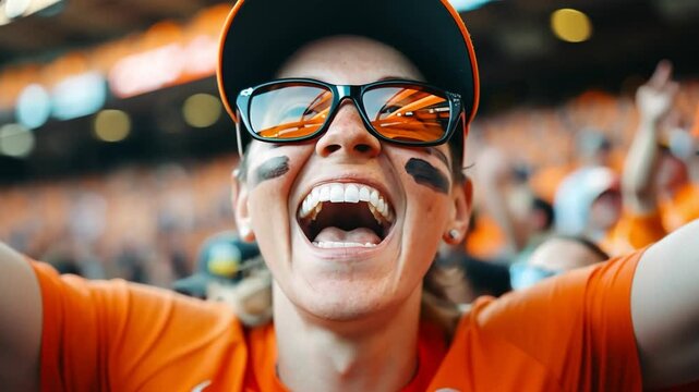 woman with face paint, cheering at a baseball stadium,