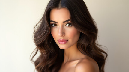 Fototapeta premium A woman exemplifies elegance with her voluminous dark hair, promoting quality hair dye in a minimalist setting