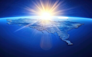 Fototapeta premium Stunning Aerial View of Earth During Sunrise with Rays of Sunlight Shining Over the Horizon and Illuminating the Surface of the Planet from Space