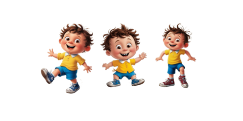 Set happy cute boys dance 3D render character cartoon style Isolated on transparent background