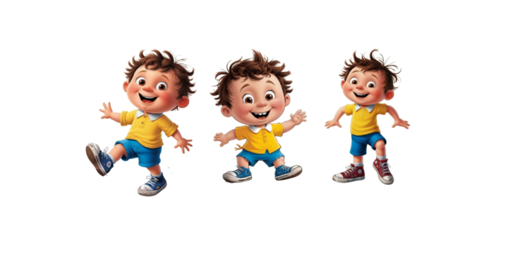 Set happy cute boys dance 3D render character cartoon style Isolated on transparent background