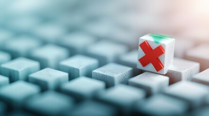 Error vs. Success (Tick vs. Cross) A 3D render of a green tick transforming into a red cross, symbolizing a change in status, error detection, or a shift from success to failure.