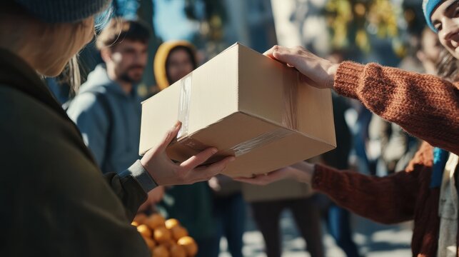 charity, donation and volunteering concept - close up of volunteers giving box of food at distribution or refugee assistance center