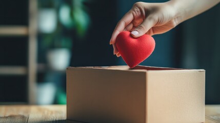 charity, love and valentine's day concept - close up of hand putting red heart into donation box