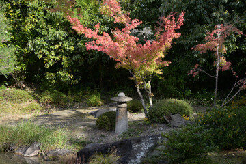 無鄰菴　庭園の紅葉と石灯篭　京都市左京区