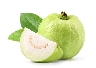 Fresh Guava fruit with cut in half isolated on white background.  Clipping path.