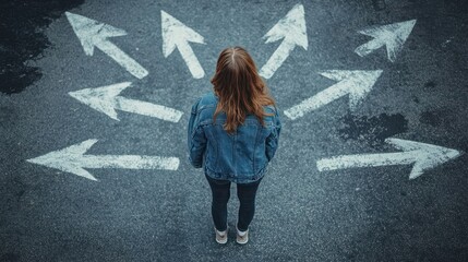 Choosing future profession. Girl standing in front of drawn signs on asphalt, top view. Arrows pointing in different directions as diversity of opportunities
