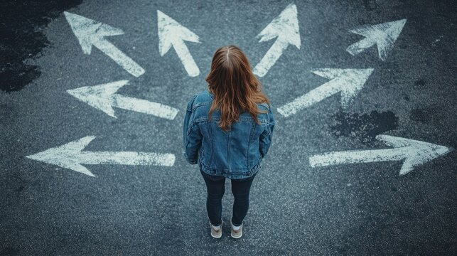 Choosing future profession. Girl standing in front of drawn signs on asphalt, top view. Arrows pointing in different directions as diversity of opportunities