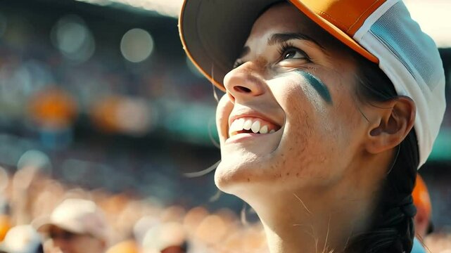 woman with face paint, cheering at a baseball stadium,