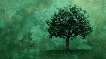 Emerald Enchantment: A Solitary Tree in a Mystical Green Landscape