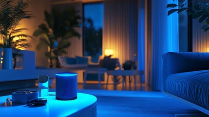 Smart Home Ambient Lighting:  Modern Living Room with Smart Speaker