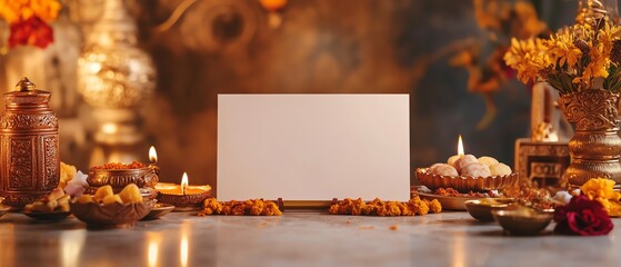 Festive table setting with empty card for message.