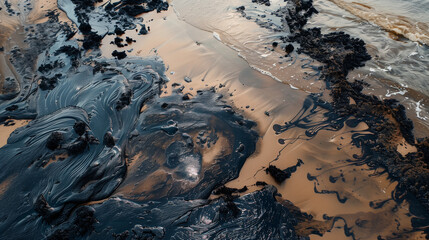 Aerial view of coastal area with dark, sticky tar covering beach and seawater, highlighting environmental pollution and providing copy space for text or design.