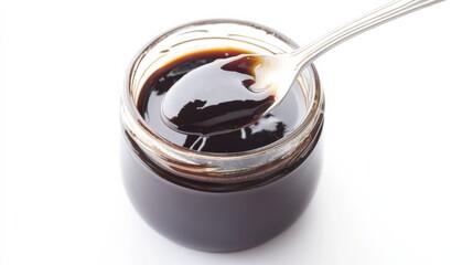 A jar of tangy hoisin sauce with a rich, savory-sweet flavor and a hint of garlic, Each spoonful&rsquo;s glossy texture and umami depth captured with precision