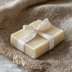 A single bar of handmade soap tied with a ribbon, placed on a natural burlap cloth