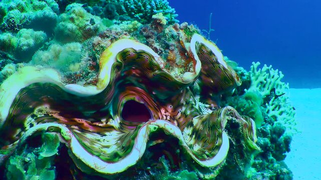 Large Giant Clam (Tridacna gigas) with a multi-colored mantle.
