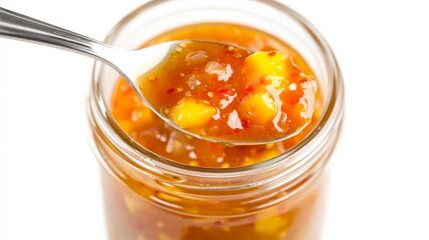 A jar of tangy mango chili sauce with chunks of ripe mango and a kick of chili heat, Each spoonful’s sweet and spicy flavor captured with precision