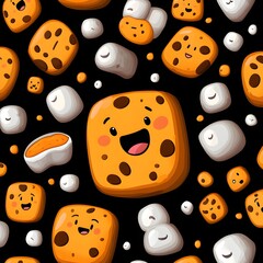 Playful cartoon pattern of cookies and marshmallows